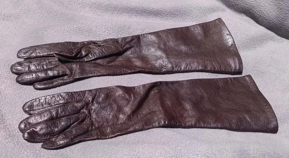 VTG Women’s 6.5 Italian Leather Gloves Brown Silk Lined Long Opera Length